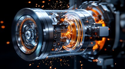 Futuristic engine core glowing, sparks, dark background; tech illustration