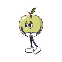 Shy or modest groovy retro cartoon character holding hand. Vector isolated vintage personage in shape of ripe berry with face, legs and arms in gloves, looking aside. Fruit comic mascot