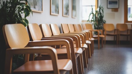Modern Waiting Room with Wooden Chairs and Indoor Plants