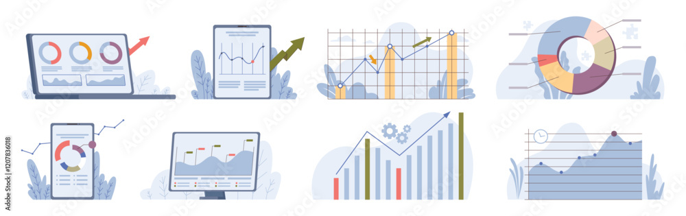 Aufkleber Gadgets with applications for checking stats and analytics. Vector pack of charts and diagrams, schemes and graphs of different types. Visualization of statistical data and financial information
