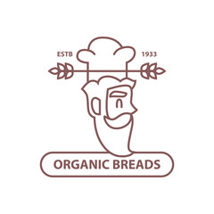 Bakery shop logotype with copy space, chef wearing hat and wheat ear. Vector isolated logo for store selling and producing bread. Tasty local ecological and organic pastry products and buns