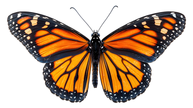 Monarch Butterfly Wings: A stunningly detailed closeup of a monarch butterfly's vibrant orange and black wings, showcasing its intricate pattern and delicate structure.  