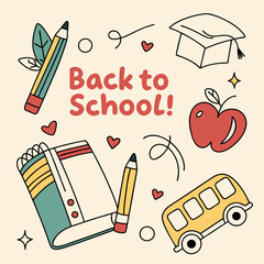 A hand-drawn doodle collage of school-related items with the phrase 