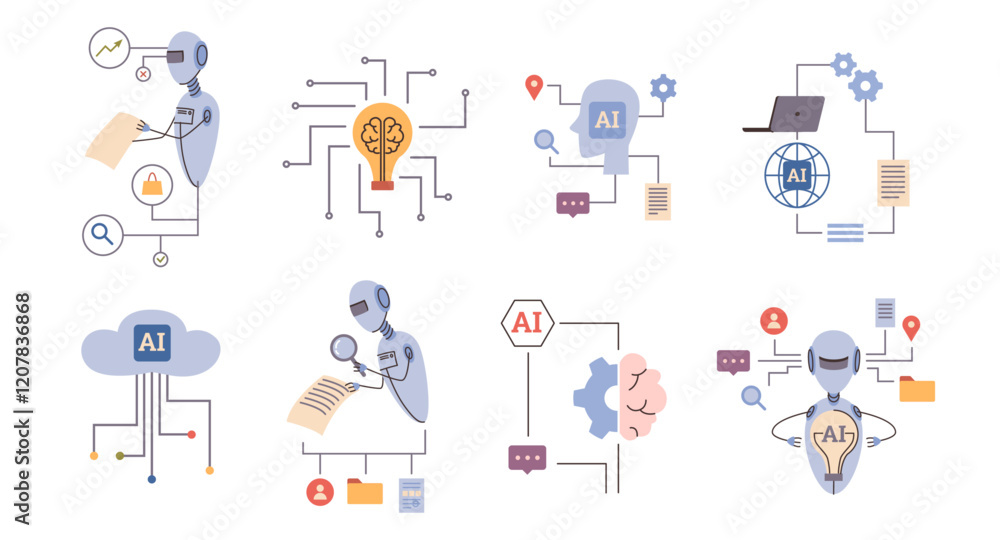 Poster Artificial Intelligence technology, bot analyze data, learn and make decisions. Vector generative technical systems and neural network, big data and digital cloud. Virtual dialog with ai assistant