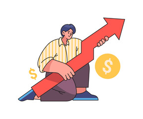 Earning and saving growth, flat cartoon vector illustration. Isolated man with arrow and dollar coin, wealth increasing, capital or investment planning. Banking and strategy for life