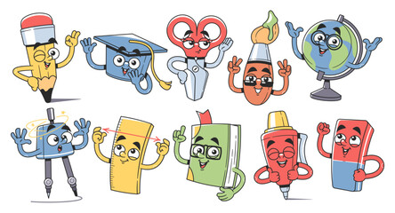Cute school supplies, writing stationery, educational accessories kawaii characters isolated set