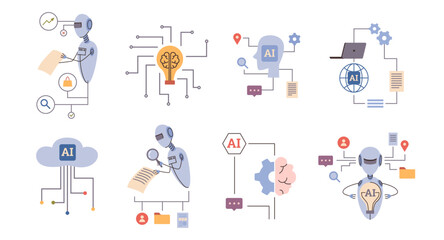 Artificial Intelligence technology, bot analyze data, learn and make decisions. Vector generative technical systems and neural network, big data and digital cloud. Virtual dialog with ai assistant