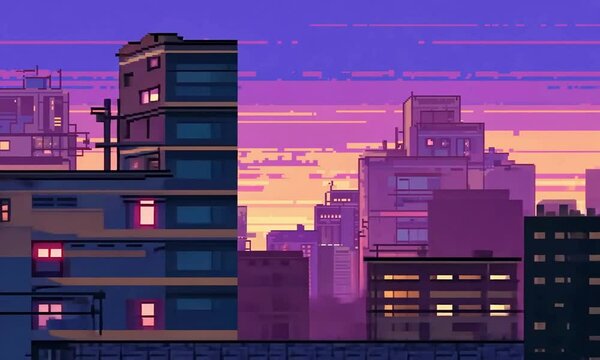 Side Scrolling Retro Lo-fi City Syline VJ Loop Motion Background