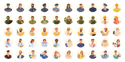 Professional portraits of people from different angles. Police and military, doctors and construction workers, waiters and drivers, pilots and stewardesses, laboratory workers and astronauts