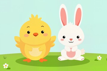 Fototapeta premium A cheerful chick and bunny in spring meadow create a delightful scene, perfect for celebrating the joy of the season and playful nature.