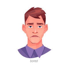 Bored facial expression of man personage with tired eyes. Vector isolated flat cartoon character, emotion of boredom and indifference. Feeling tired and unhappy, uninterested or nothing to do