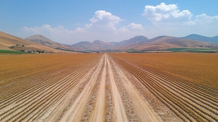 Fototapeta premium Rural road through sunbaked farmland, mountains