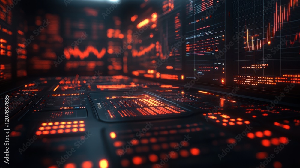 Poster futuristic data visualization with glowing graphs and charts in a tech environment
