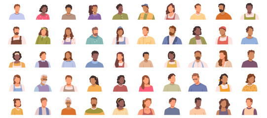 Portraits of individuals without faces. Vector women and men faceless pictures collection. Teenagers, adults and geriatric population of various nationalities. Students, workers and pensioners