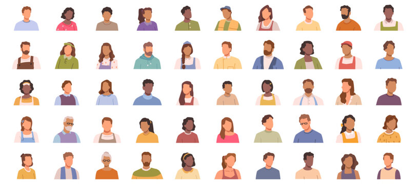 Portraits of individuals without faces. Vector women and men faceless pictures collection. Teenagers, adults and geriatric population of various nationalities. Students, workers and pensioners