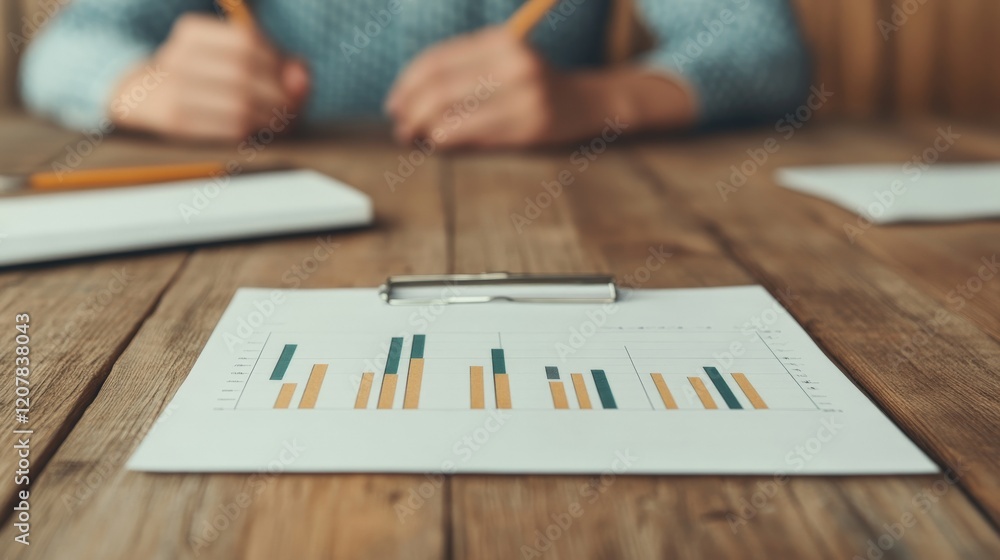 Poster analyzing business trends: a close-up shot of a clipboard containing a bar chart, with two pencils a