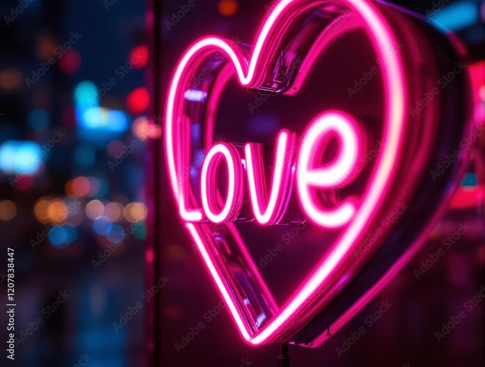 Poster a neon sign in the shape of a heart with the word \