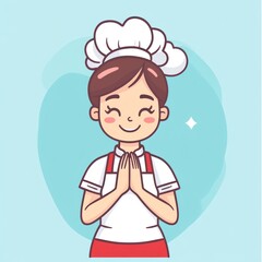 Female cook smiling, hands in prayer pose, on light blue background for kids illustration