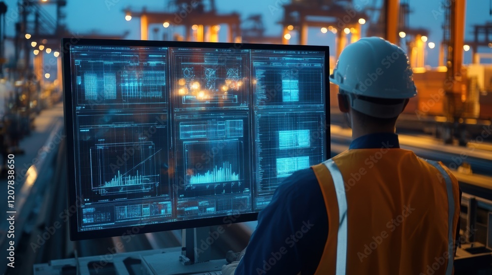 Poster port engineer wearing safety helmet and vest working on computer showing statistics with cargo crane