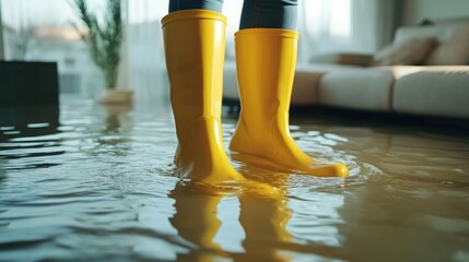 Flood and inundated concept image with person wearing yellow rubber boots wet by the water that flooded the room and the home