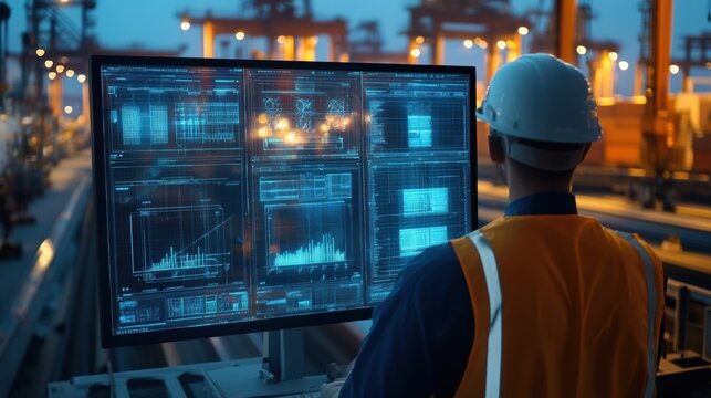 Port engineer wearing safety helmet and vest working on computer showing statistics with cargo cranes and containers in the background in the evening