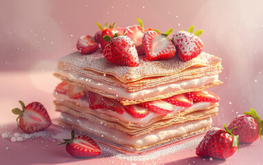 A layered pink dessert with sliced strawberries and a dusting of powdered sugar on a white plate. It could be a strawberry mille-feuille or cake. Mille-feuille is a layered French pastry.