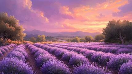 Fototapeta premium Lavender Field Sunset Peaceful Landscape Painting