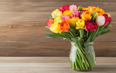 Vibrant bouquet of spring flowers in glass vase, showcasing colorful tulips and ranunculus, perfect for brightening any space