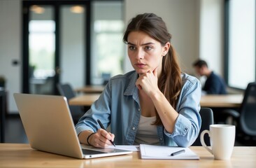 Fototapeta premium Focused woman sitting at desk working on laptop. Office work