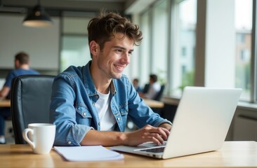 Happy man sitting at his desk working on laptop. Office work