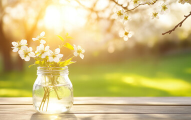 vibrant bouquet of spring flowers in glass vase captures essence of nature beauty. sunlight filters through, creating warm and inviting atmosphere