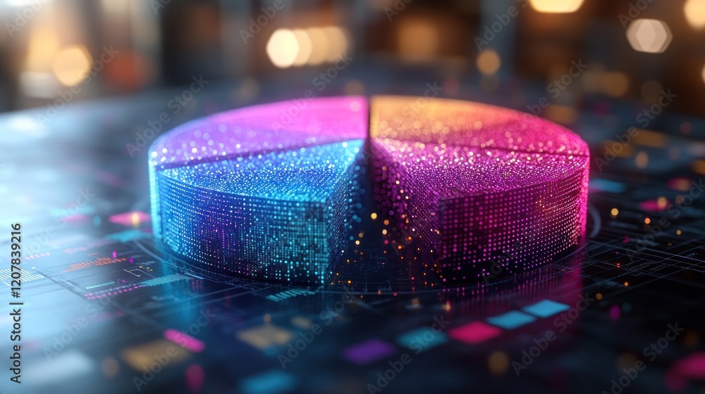 Poster colorful 3d pie chart on a digital background illustrating data analysis trends