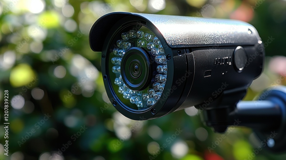 Poster close-up of a modern security camera with led lights in a vibrant garden setting