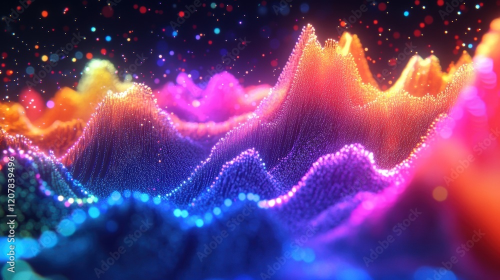 Poster abstract digital landscape with colorful particle waves flowing and glowing, creating a vibrant and 