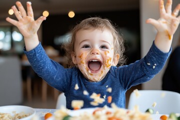 A joyful child covered in food stains is captured mid-laughter, embodying innocence and the pure joy found in exploring culinary experiences.