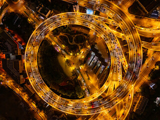 Aerial view of NanPu Bridge at night in Shanghai