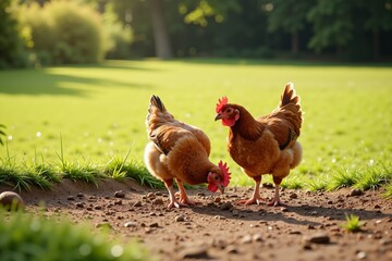 Fototapeta premium In a serene garden, two chickens scratching in the dirt enjoy their time outdoors, surrounded by lush greenery and vibrant sunlight illuminating the scene.