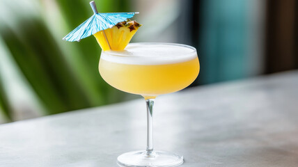 vibrant tropical cocktail garnished with pineapple slice and blue umbrella, perfect for summer enjoyment. This refreshing drink is ideal for beach parties or relaxing by pool