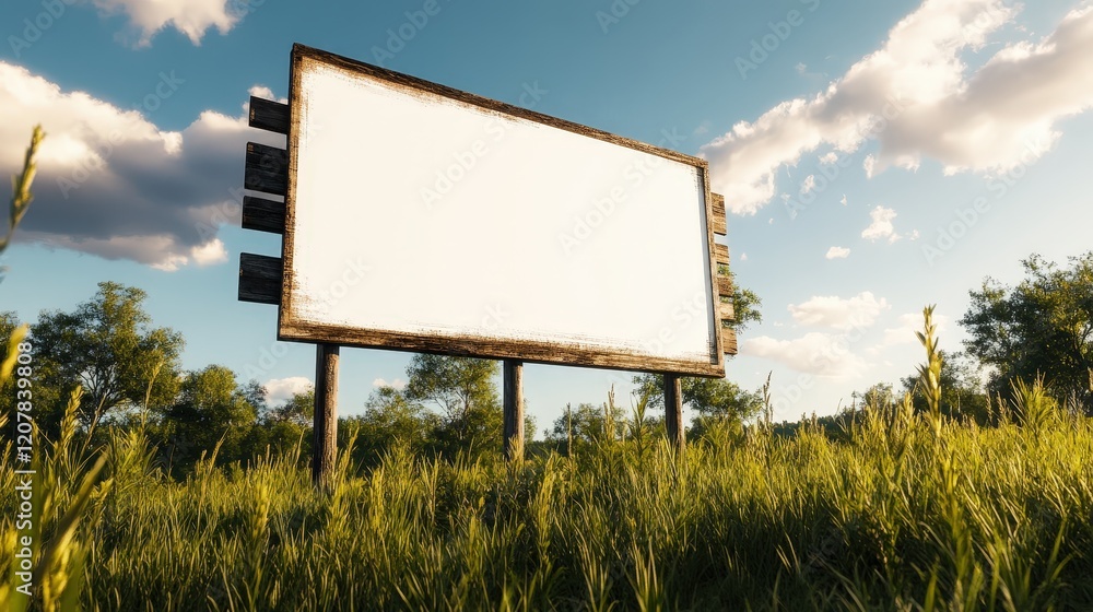 Poster vast open field with lush tall grass framing a blank billboard under a clear blue sky creating a sen