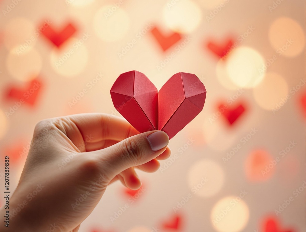 Poster a person's hand is holding a 3d red origami heart. the background is adorned with light-colored boke