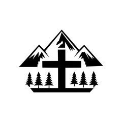 Obraz premium simple vector icon featuring a scenic mountain amidst a graceful cross