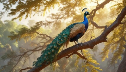 Naklejka premium Beautiful peacock perches on a branch of a tall tree with its golden accents and radiant feathers glistening in the morning light, golden accents, morning light, natural beauty