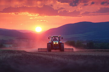 Fototapeta premium A farmer on tractor plowing a field at sunset. Agricultural article banner or agricultural marketing campaigns concept background with copy space