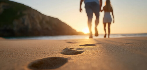 young couple walking hand in hand on sandy beach at sunset, leaving footprints in sand. warm glow of sun creates romantic atmosphere
