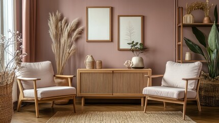 Obraz premium A stylish relax room interior featuring comfortable armchairs and a sideboard, with a mockup frame on the wall.