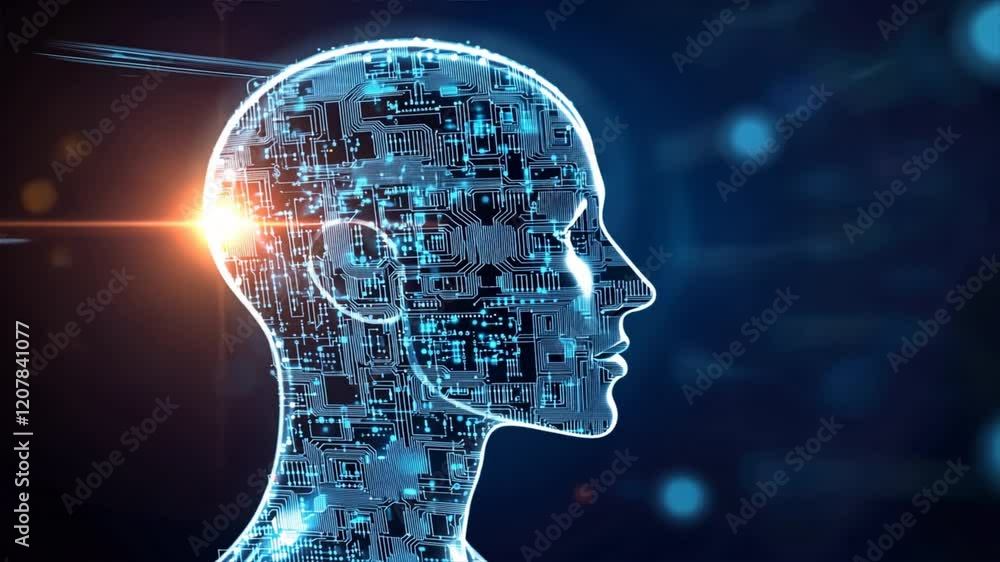 Poster futuristic digital human head with glowing circuit patterns symbol of artificial intelligence, techn