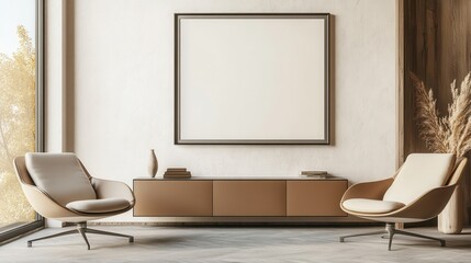 A stylish relax room interior featuring comfortable armchairs and a sideboard, with a mockup frame on the wall.