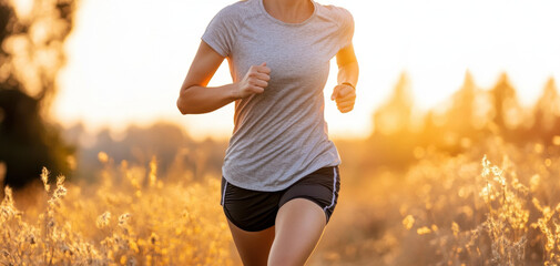 Young woman running through field of tall grass during sunset, showcasing determination and joy. warm light enhances serene atmosphere of moment