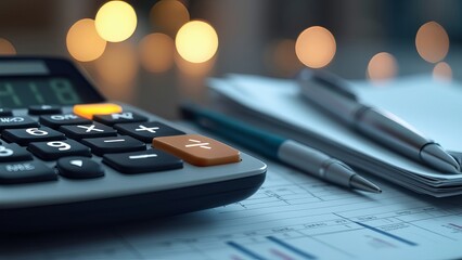 A close-up of a financial calculator with illuminated buttons