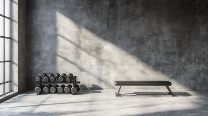 A stylish sports room interior featuring a sleek dumbbell rack on a modern concrete floor.